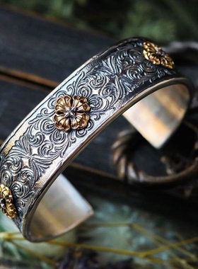 HorizonBlue复古925银18k金手镯