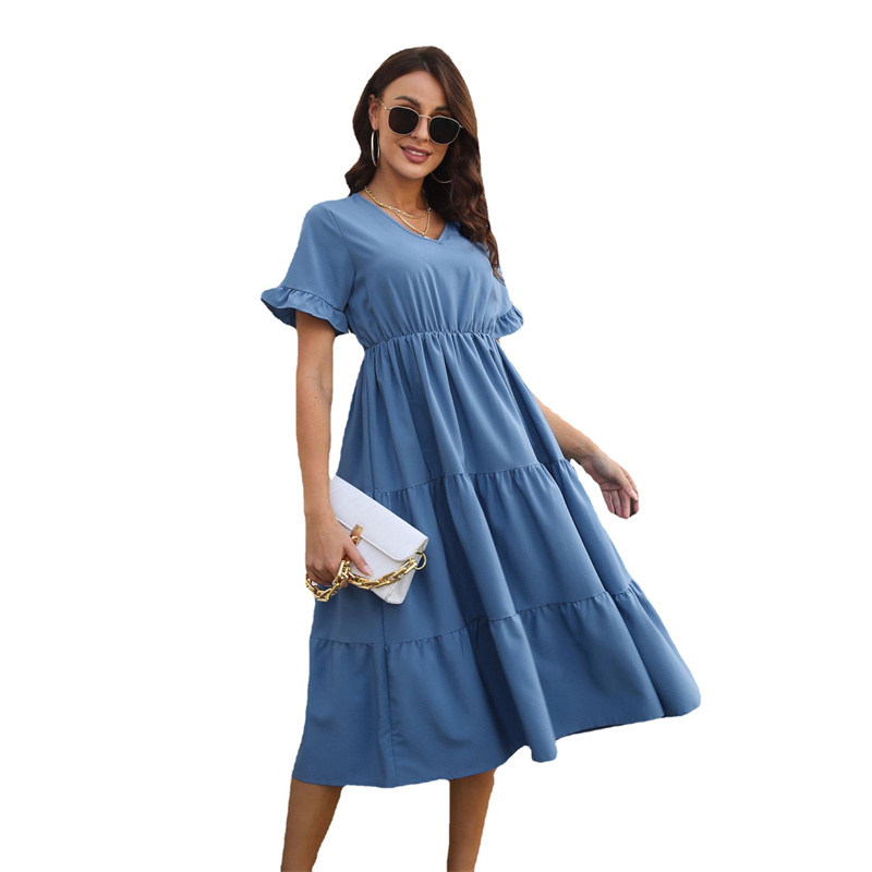 Falbala dress short-sleeved V-neck swing skirt female chiffo - 图2