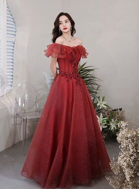 Wine sequined long luxury beads ruffle lady women prom dress