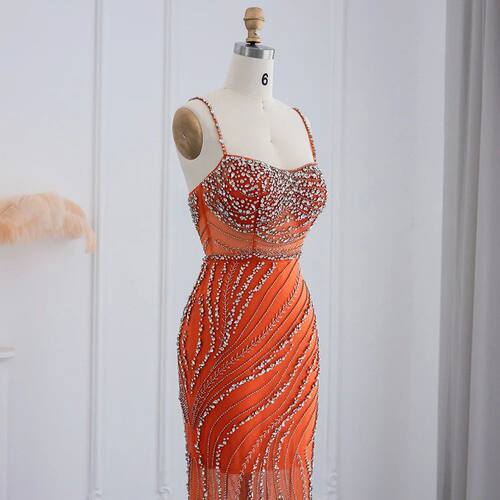 Sharon Said Orange Spaghetti Straps Mermaid Evening Dresses - 图3
