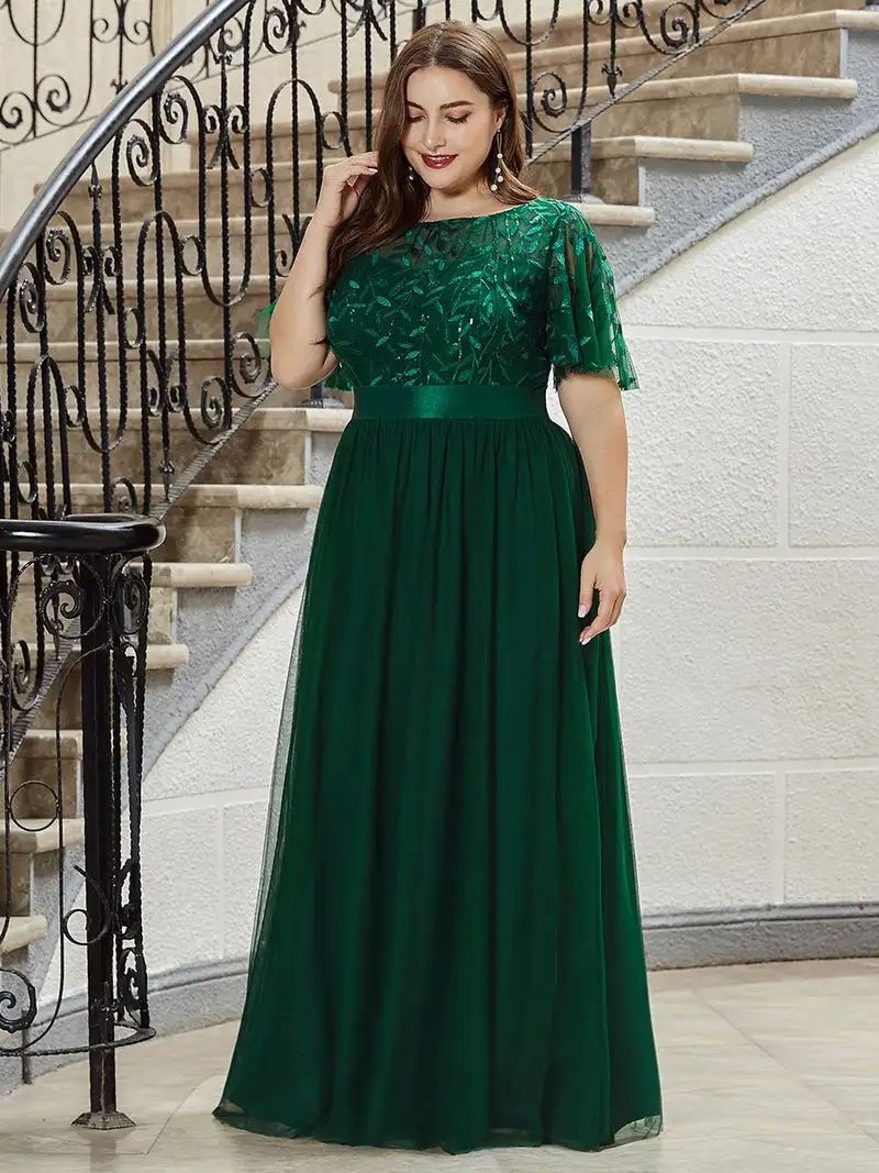 Elegant Evening Dresses O-Neck Sequin Tulle Print Floor Leng-图1