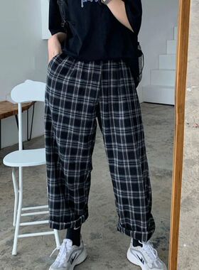 JMPRS Black Women Plaid Pants Casual Oversize Loose Wide Leg