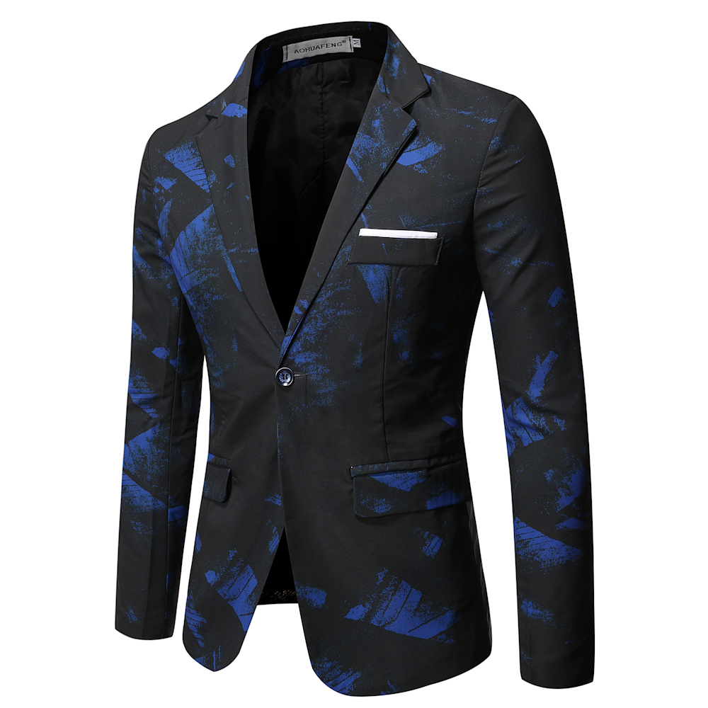 Gentleman Blazers Men Blue Patterning Printed Suit Jacket C - 图1