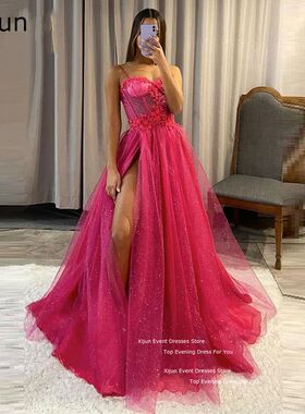 Xijun Sparkly Hot Pink Evening Dresses Lace Spaghetti Strap