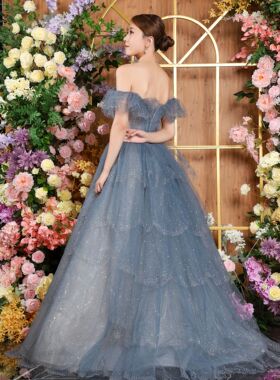 Women Long Blue Tulle Off Shoulder A-Line Empire Prom Sparkl
