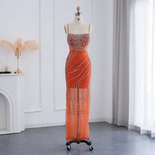Sharon Said Orange Spaghetti Straps Mermaid Evening Dresses - 图1