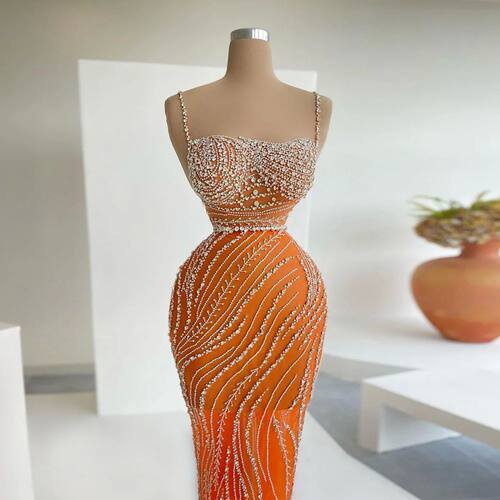 Sharon Said Orange Spaghetti Straps Mermaid Evening Dresses - 图0