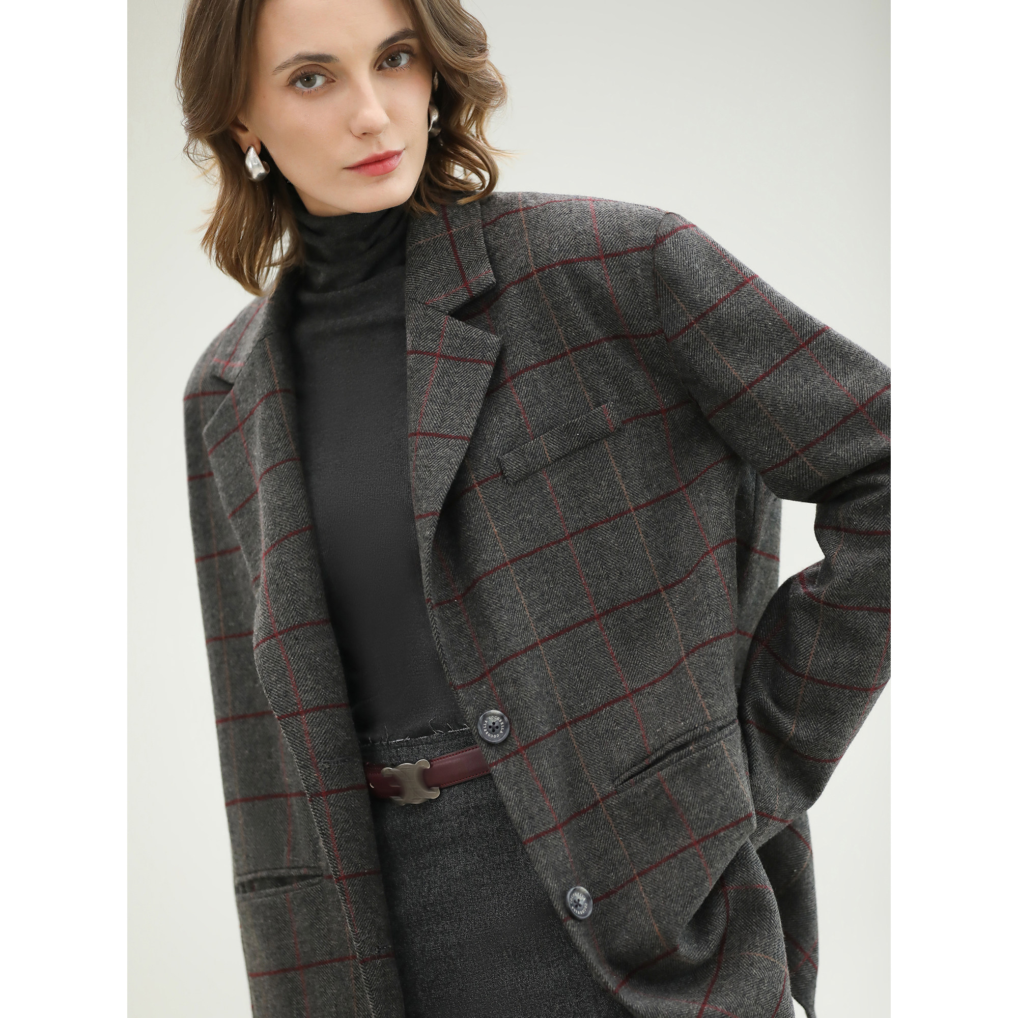 COCOBELLA复古人字纹格子西装女秋冬通勤微廓西服外套SI7002,淘宝优惠券,粉丝福利购,淘宝优惠卷