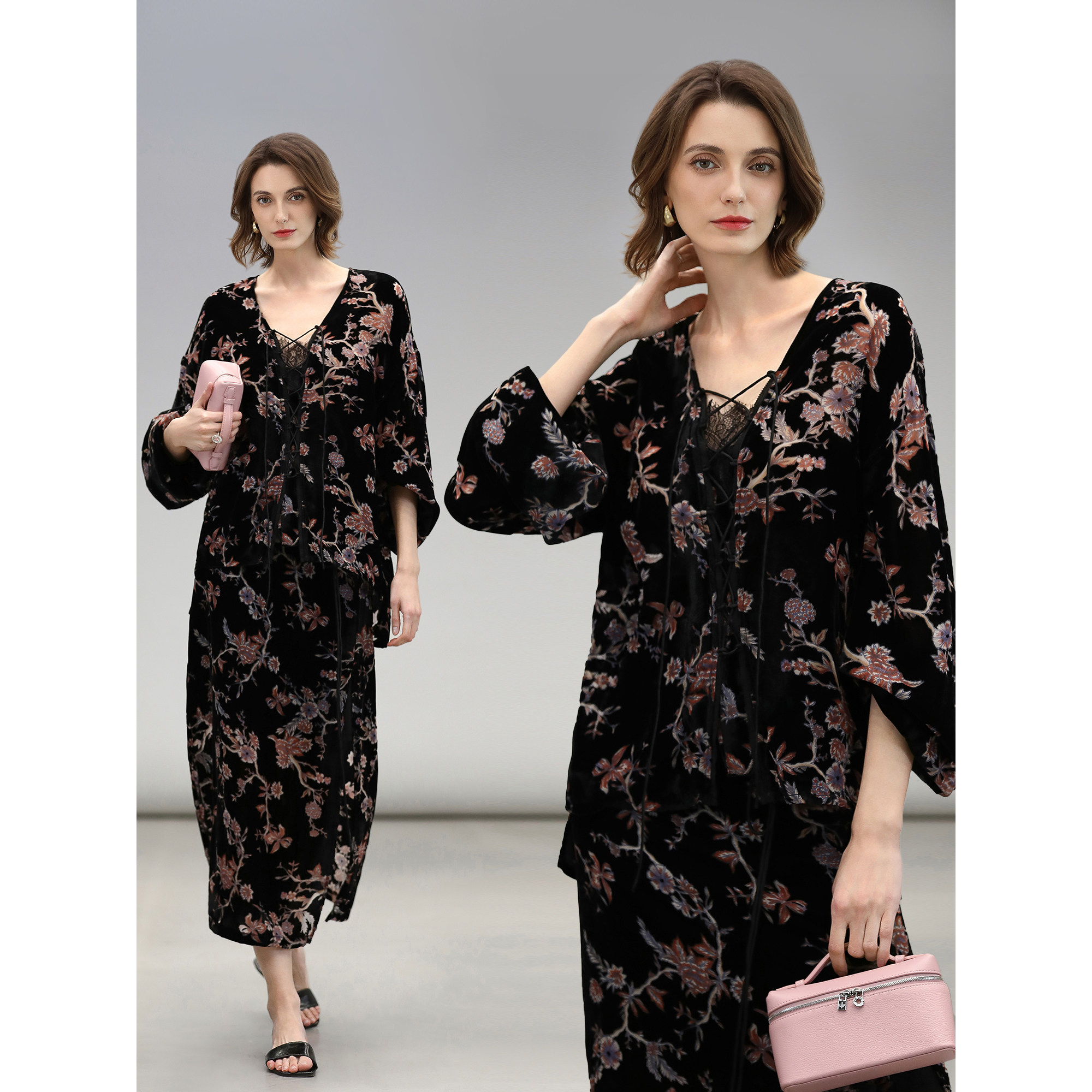 【3件5折】COCOBELLA新中式烧花丝绒上衣女蕾丝拼接衬衣SR7050-2