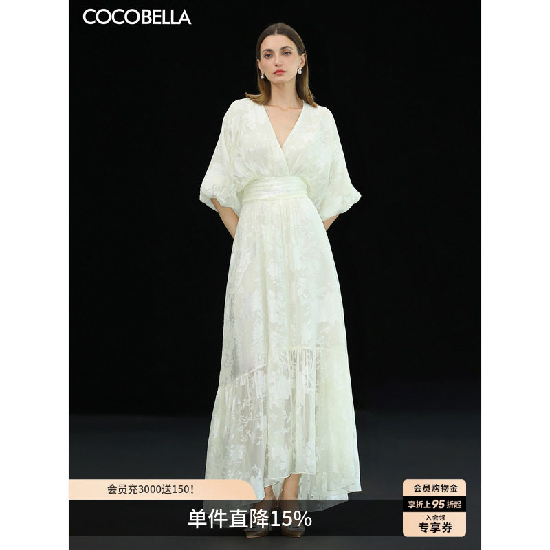 预售COCOBELLA度假风V领剪花人丝连衣裙女26夏白色收腰长裙FR3261