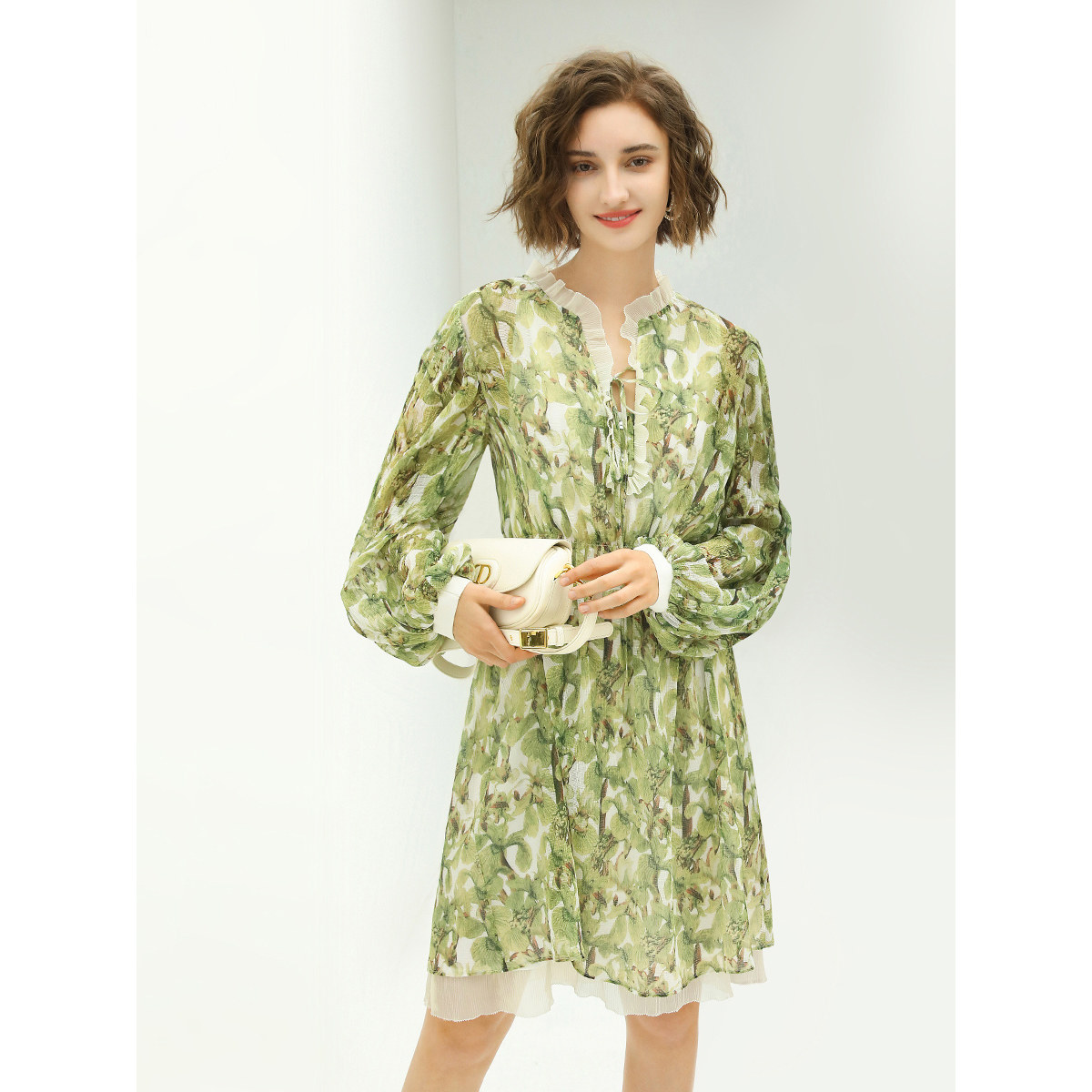 【3件5折】COCOBELLA肌理感压褶花卉印花连衣裙长袖雪纺裙FR512,淘宝优惠券,粉丝福利购,淘宝优惠卷