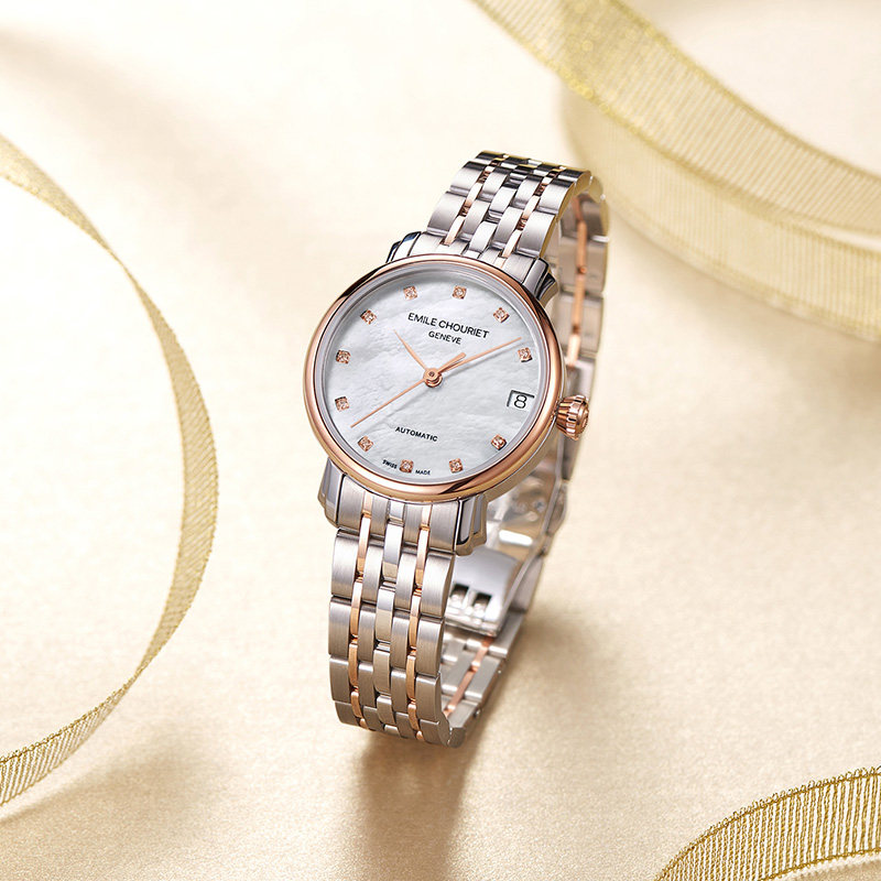 瑞士艾米龙表莱蒙系列时尚玫瑰金女表贝母盘镶钻间金机械表 瑞士艾米龙表莱蒙系列时尚玫瑰金女表贝母盘镶钻间金机械表