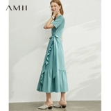 Amii Минималистичное платье, длинная черная длинная юбка, французский стиль, V-образный вырез, А-силуэт