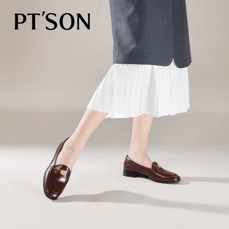 百田森英伦复古乐福鞋女春秋山茶花小皮鞋休闲通勤老钱风棕色皮鞋 - 图3