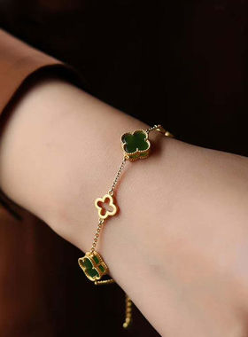 传承古法银手链鎏金四叶草碧玉项链汉服配饰镀金镶和田玉吊坠套装