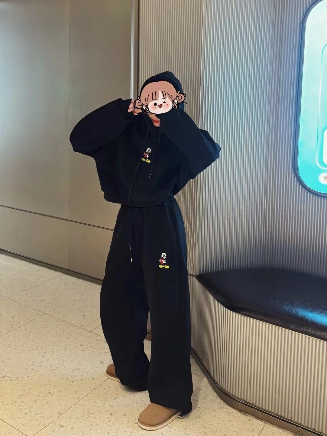 韩系新款减龄卡通刺绣连帽短款卫衣+休闲显瘦阔腿裤加绒两件套女,淘宝优惠券,粉丝福利购,淘宝优惠卷