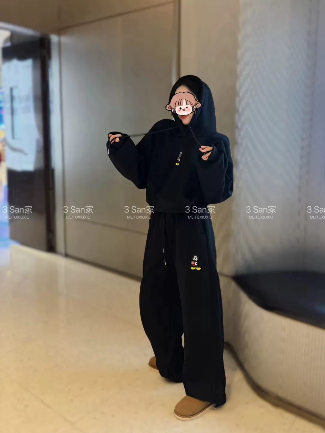 韩系新款减龄卡通刺绣连帽短款卫衣+休闲显瘦阔腿裤加绒两件套女,淘宝优惠券,粉丝福利购,淘宝优惠卷