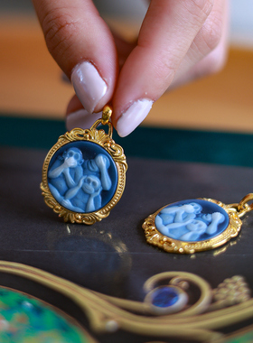 和合大仙人 原创自制S925纯银鎏金 古董德国玛瑙卡梅奥 cameo吊坠