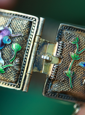 和合大仙人 古董精品 珐琅金鱼花丝手镯 老矿青金石 银鎏金开口镯