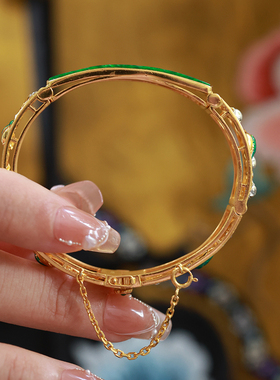 和合大仙人 原创自制四时窗景花鸟满绿翡翠手镯 S925银镀金开口镯