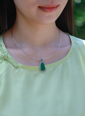 和合大仙人 特价福利孤品 18K白金天然满绿翡翠山水牌吊坠 送胸针