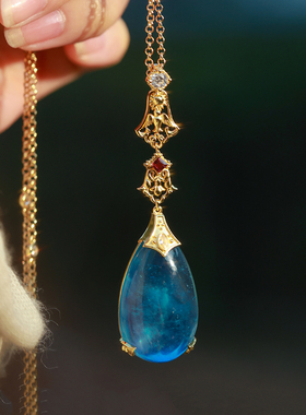 和合大仙人 原创自制哈尔项链 天然海蓝宝复古水滴吊坠S925银镀金