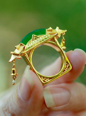 和合大仙人 原创设计 S925银镀金和田碧玉 国风宫阙珍珠流苏戒指