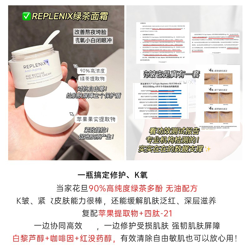 Topix replenix绿茶多酚修护面霜夜间精华晚霜50g 修复屏障早晚 - 图2