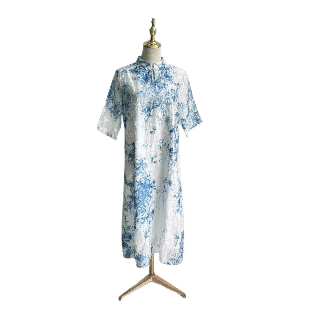 云南贵州手工蓝染连衣裙扎染旗袍裙新中式立领中袖复古双层裙子,淘宝优惠券,粉丝福利购,淘宝优惠卷