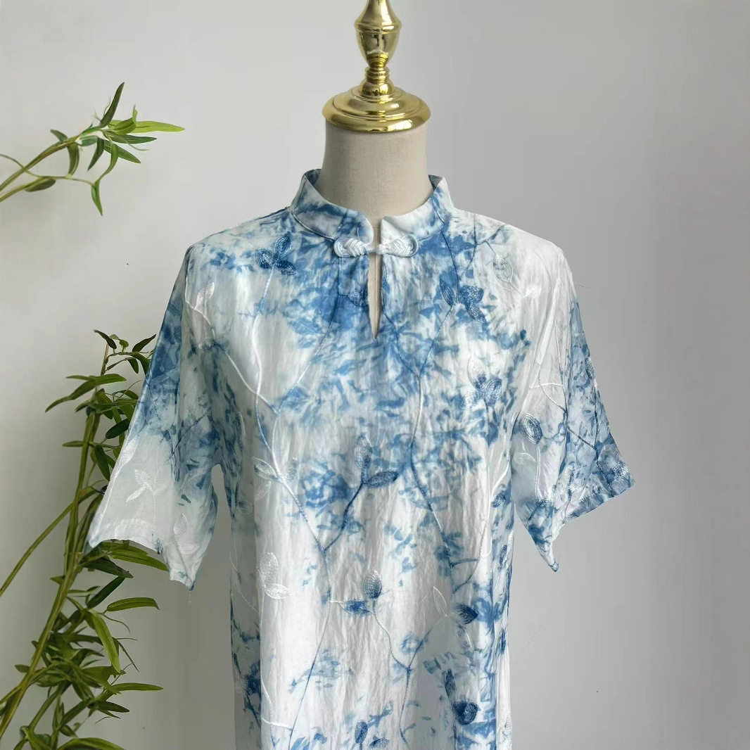 云南贵州手工蓝染连衣裙扎染旗袍裙新中式立领中袖复古双层裙子,淘宝优惠券,粉丝福利购,淘宝优惠卷