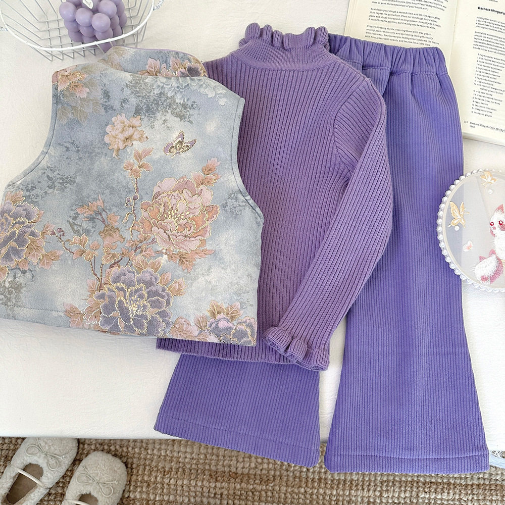 女童马甲套装加绒冬季2025新款国风中式儿童一体绒喇叭裤两件套潮,淘宝优惠券,粉丝福利购,淘宝优惠卷