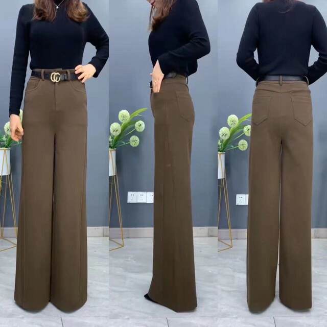 High-waisted fashionable floor-length wool trousers