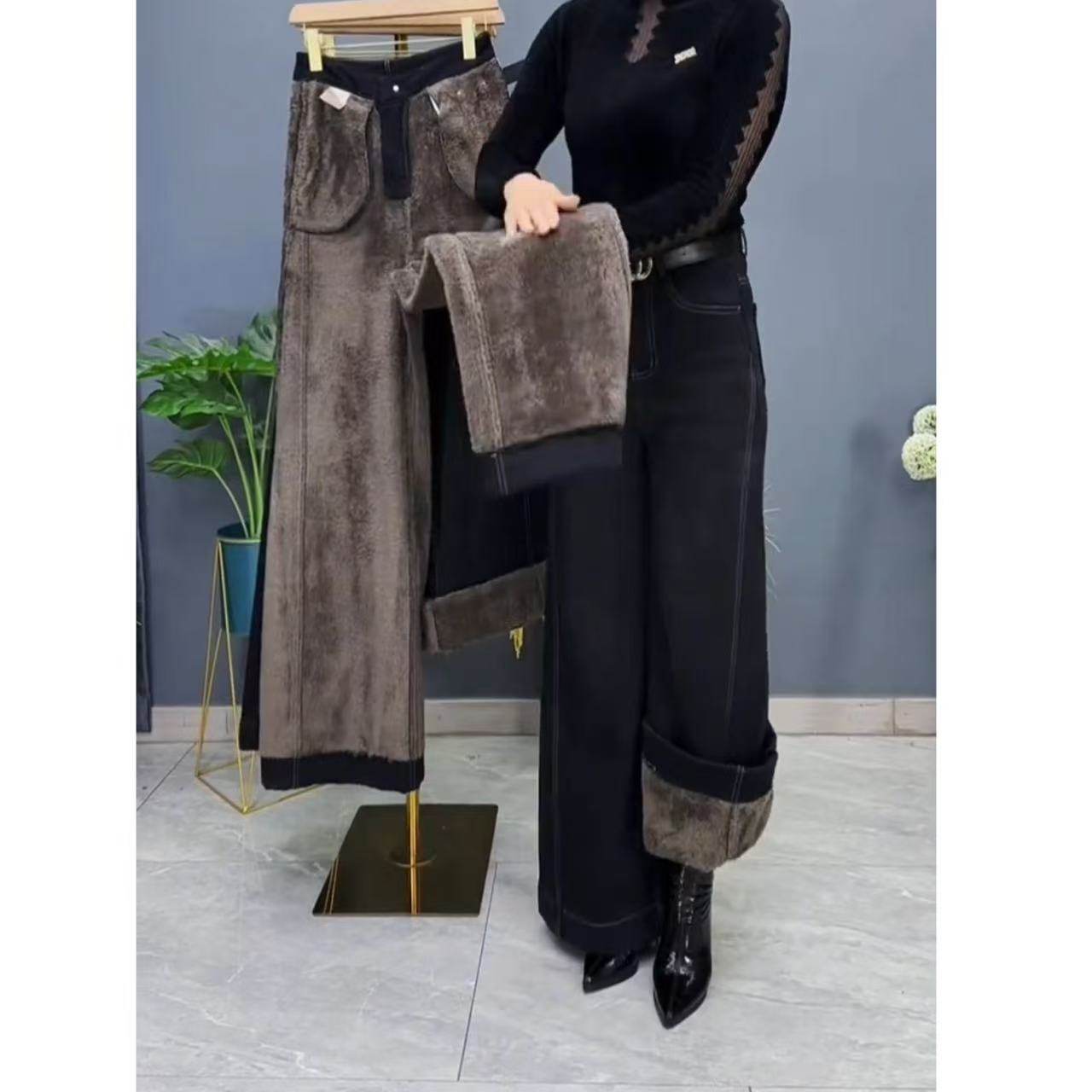 九分牛仔裤女2025新款冬季高腰加绒加厚一体羊羔绒小个子阔腿裤子,淘宝优惠券,粉丝福利购,淘宝优惠卷