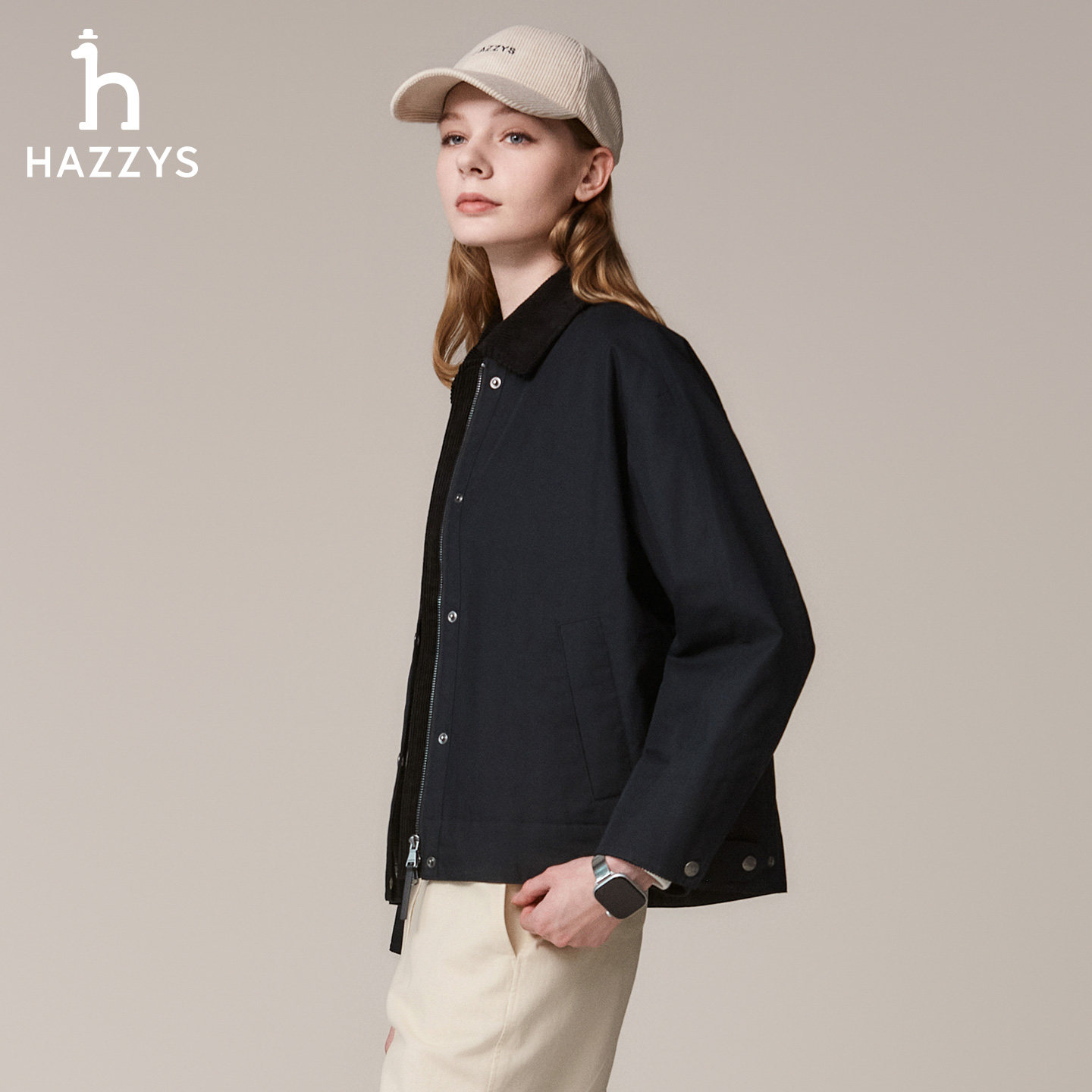 【秋冬甄选】Hazzys哈吉斯拼接领夹克女时尚休闲宽松巴恩风外套,淘宝优惠券,粉丝福利购,淘宝优惠卷