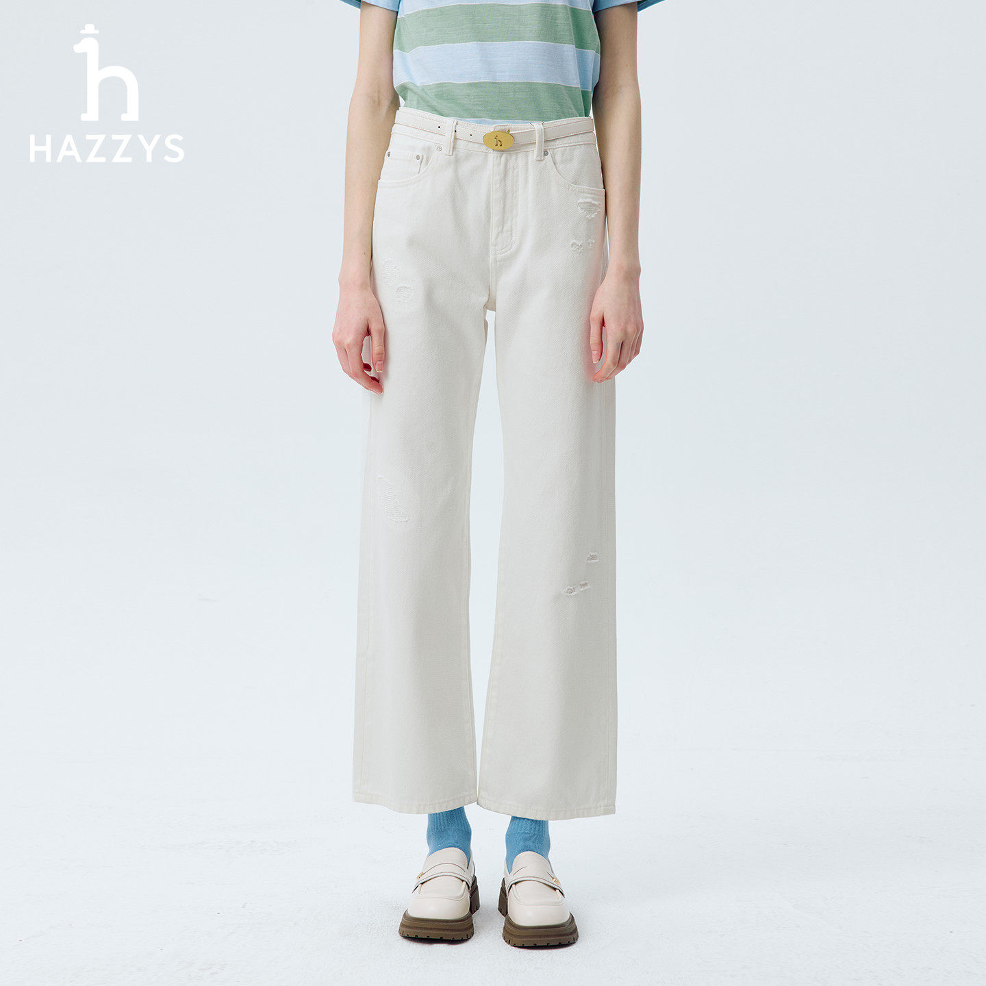 【春夏甄选】Hazzys哈吉斯牛仔裤女破洞休闲通勤直筒裤宽松长裤潮,淘宝优惠券,粉丝福利购,淘宝优惠卷