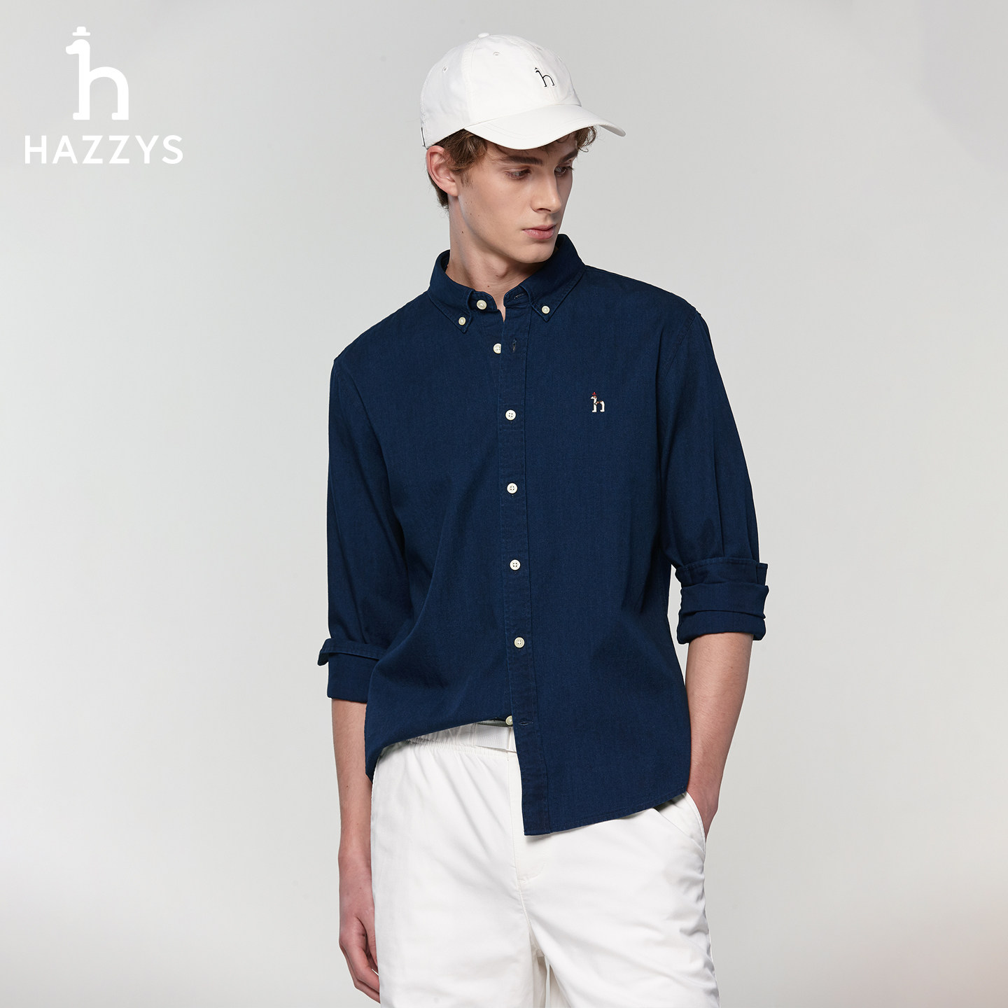 Hazzys哈吉斯男装春季经典合体蓝色牛仔衬衫复古休闲纯棉长袖上衣,淘宝优惠券,粉丝福利购,淘宝优惠卷