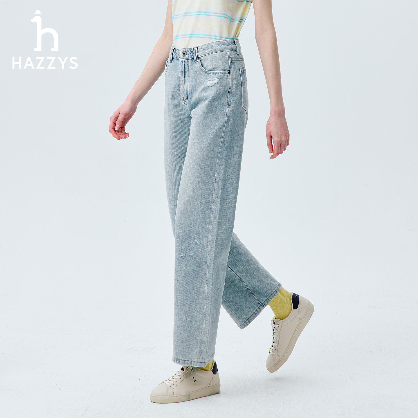 【春夏甄选】Hazzys哈吉斯牛仔裤女破洞休闲通勤直筒裤宽松长裤潮,淘宝优惠券,粉丝福利购,淘宝优惠卷