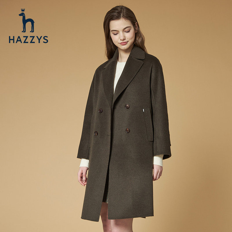 Hazzys哈吉斯宽松长款羊毛呢子大衣女士春秋季时尚品牌外套_虎窝淘