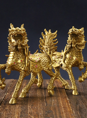 黄铜钻石麒麟摆件办公室家居火麒麟装饰品铸造复古工艺品麒麟1对