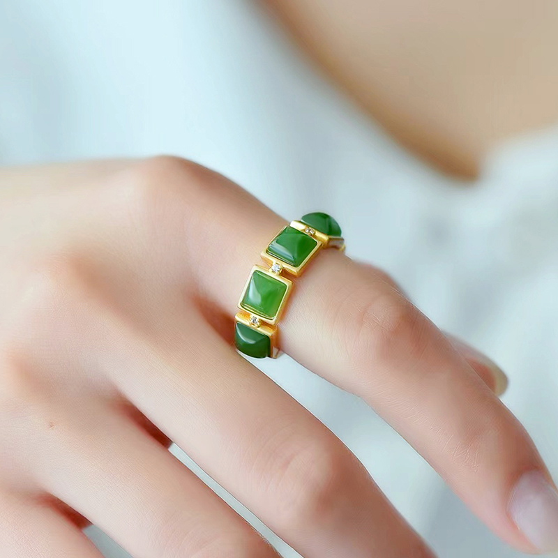 念玉新疆和田玉戒指925纯银镶嵌玫瑰金男女玉石天然碧玉戒子活口