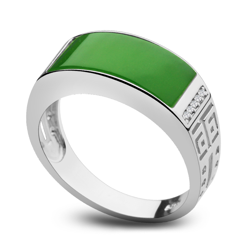 念玉s925银镶玉男款戒指纯银和田玉碧玉戒指桥面指环镶钻男戒活口