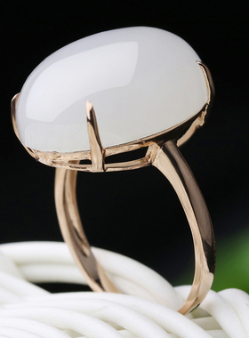 18k玫瑰戒指女款冰冰带证羊脂玉