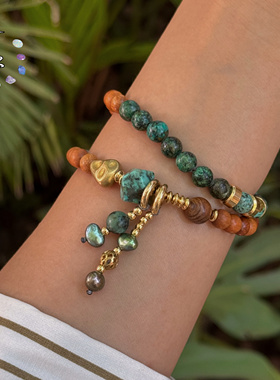 一安手作 松石檀香木撞色叠戴手串 小众设计师款 按手围定制