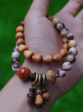 秋光滴 原创崖柏木玛瑙双圈叠戴手链 原创中性复古手串