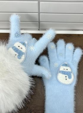 雪地里小雪人！可爱雪搭子保暖加厚少女心手套2025新款蓝色雪花潮