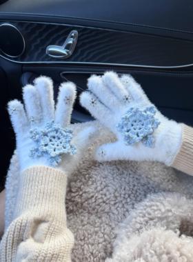 冰天雪地蓝色雪花韩系长款保暖防冻毛绒加厚手套2026新款学生防寒