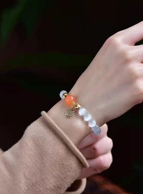 天然白猫眼石手链 配橘黄色水晶手链 银饰太阳花手链 百搭女款