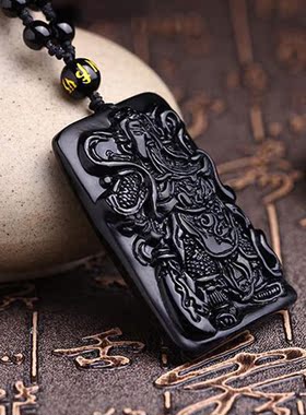 精工磨砂天然黑曜石项链关公吊坠