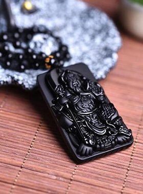 精工磨砂天然黑曜石项链关公吊坠