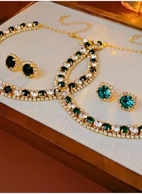 达令 镶钻圆形拼接项链耳环两件套 锁骨链卫衣链 毛衣链 衣服配饰